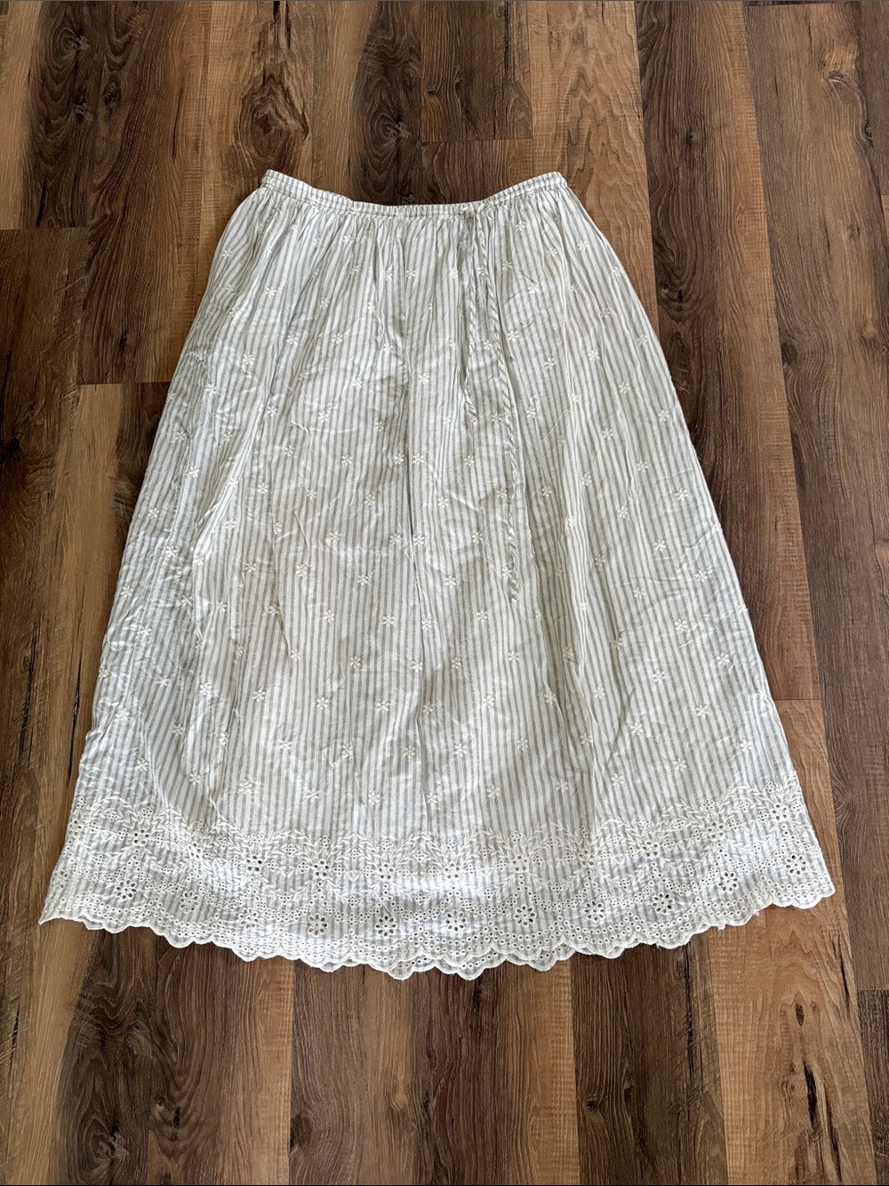 Light Cream Eyelet Hem Maxi Skirt with Subtle Stripe